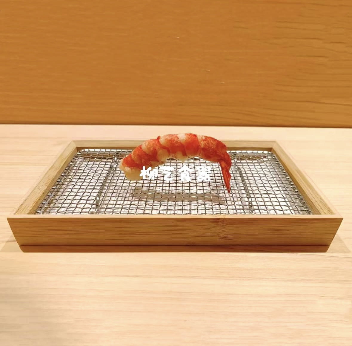 日本料理长方寿司刺身拼盘竹木盒子天妇罗炸物猪排不锈钢烤网盘子