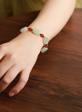 和田玉白玉五福手串女士手链手工编织精美包装送爱人佳品