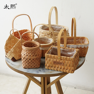 鲜花篮蕾丝边手提插花竹花盆实木手提花篮伴手花礼篮花店包装材料