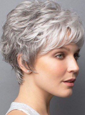 跨境热卖中老年银灰色蓬松短卷发化纤假发头套Synthetic hair wig