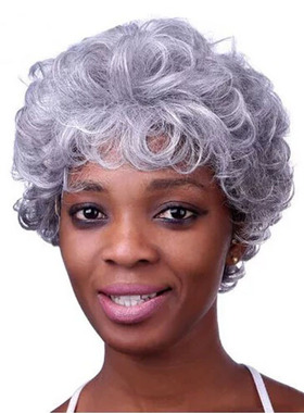 外贸爆款非洲黑人妈妈短发银灰色短卷发 欧美假发