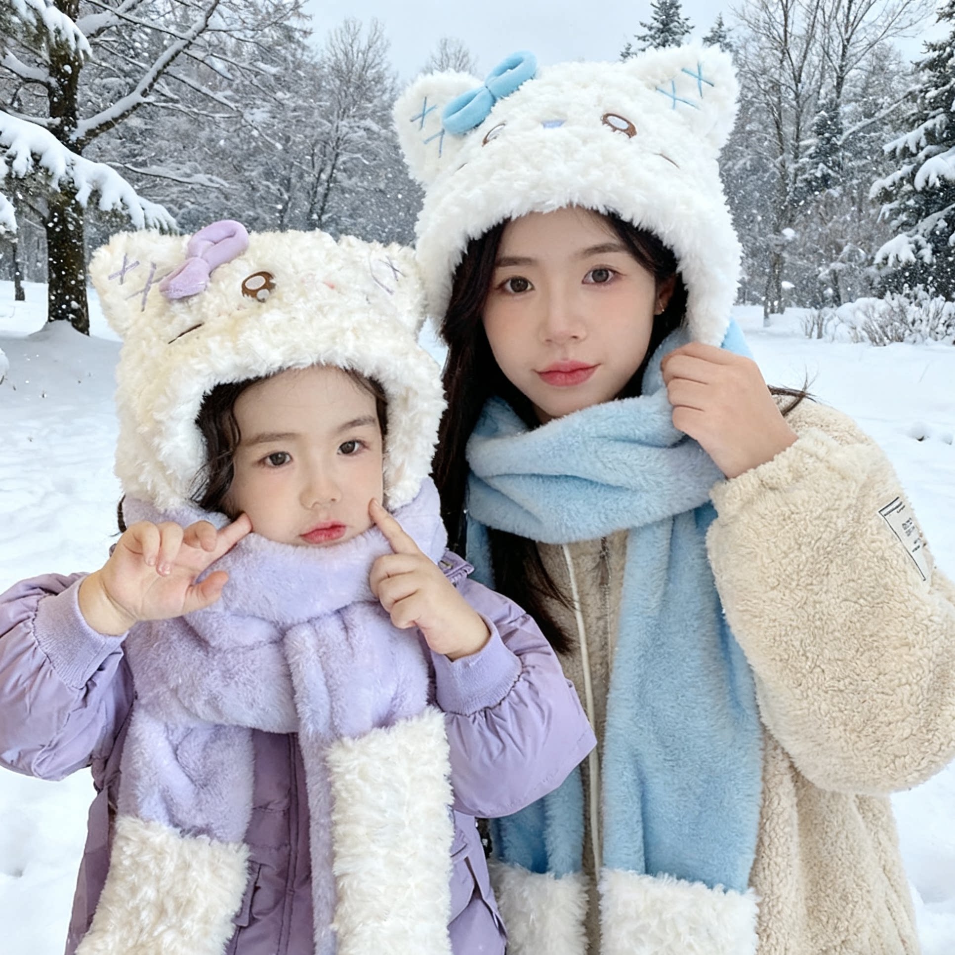 儿童成人帽子围巾手套三件套冬季加绒可爱猫咪一体帽小女亲子帽子