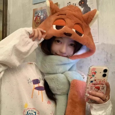 狐狸尼克毛绒帽子加厚加绒秋冬新款帽子围巾手套一体三件套帽子