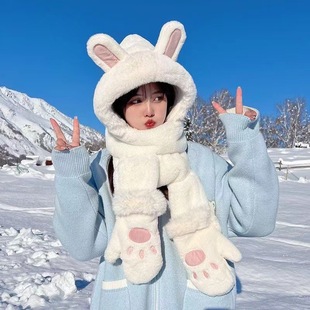 冬季 帽子三件套兔子耳朵手套围脖一体毛绒保暖可爱女围巾百搭防寒