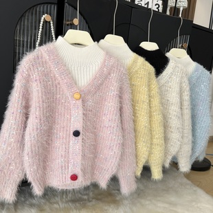女童水貂绒毛衣加厚25冬新女宝不起球毛线衣儿童女假两件针织上衣