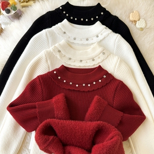 女童一体绒毛衣2025新款冬钉珠领加绒加厚 宝宝幼儿园内穿打底衫