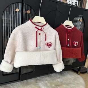 女童加绒打底衫甜美可爱儿童新款女宝宝毛衣上衣秋冬一体绒针织衫