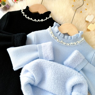 秋冬女童一体绒毛衣韩系珍珠领气质加绒加厚宝宝蓝色保暖针织上衣