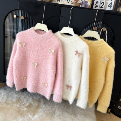 女宝宝水貂绒毛衣套头圆领洋气女童新款冬季加厚保暖毛线衣针织衫