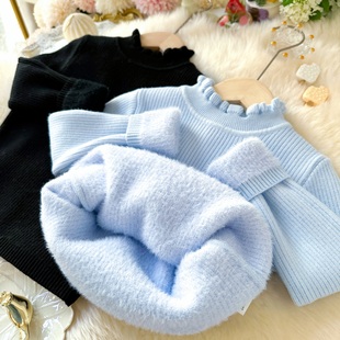 秋冬女童一体绒毛衣韩系木耳花边领加绒加厚宝宝保暖针织内搭上衣