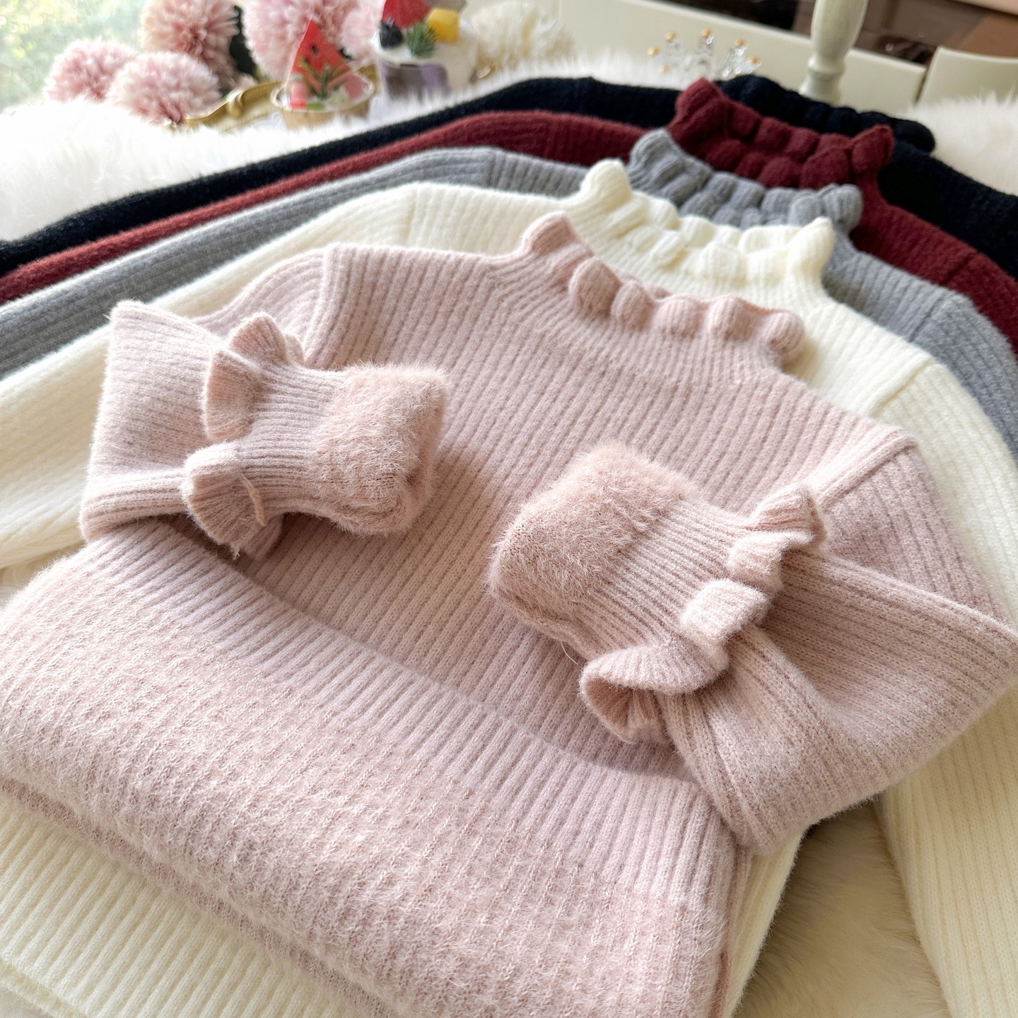 女童一体绒毛衣冬加厚女宝花边领修身打底毛衣女童加绒内搭针织衫