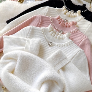 中大童加厚套头毛衣小香风长袖花边领女童修身型镶钻保暖一体绒女