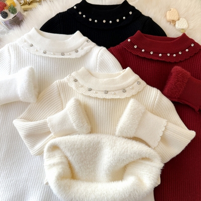 女宝宝加绒打底衫毛衣一体绒冬季半高领冬装2025新款女童针织内搭