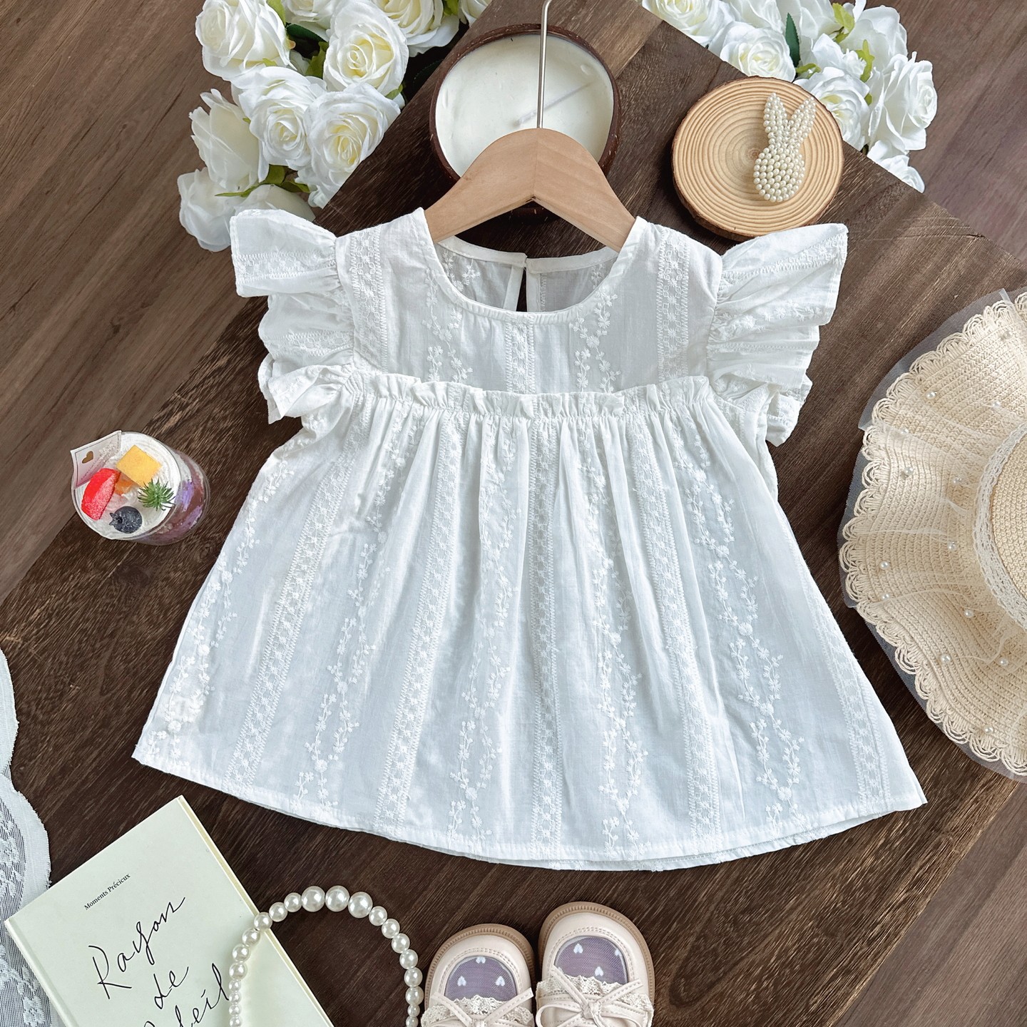 女童纯棉白色衬衫飞袖洋气百搭女宝娃娃衫小女孩夏装上衣衬衣短袖