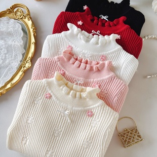 女童毛衣2025新款女孩打底毛衣薄款花边领春秋款内搭打底衫洋气