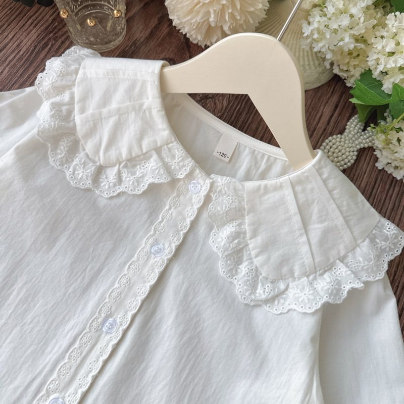 女宝纯棉白衬衫长袖娃娃领2026春秋新款女童洋气甜美衬衣上衣外套