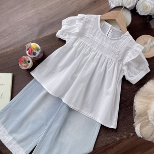 女童套装 潮 短袖 新款 牛仔裤 套装 洋气时尚 两件套2025夏季 小女孩夏装