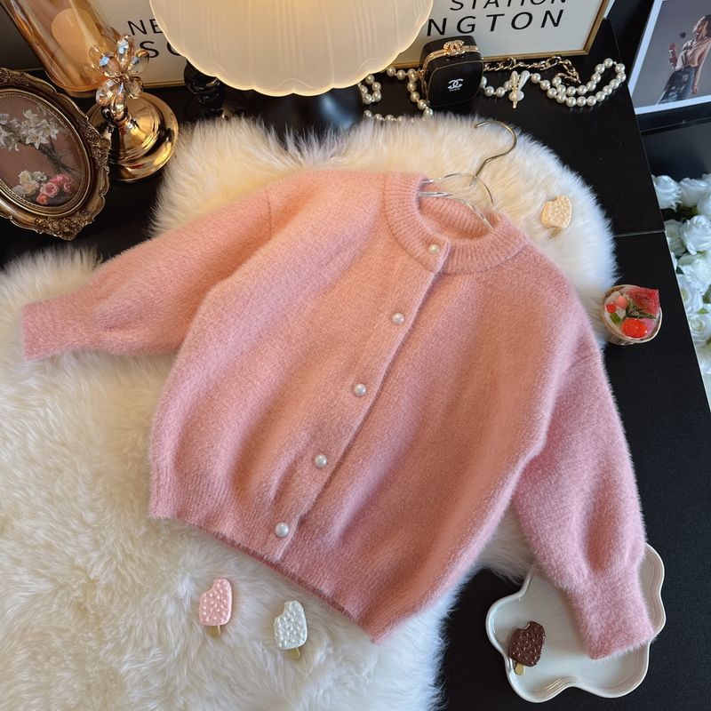 宝宝水貂绒毛衣开衫不起球亲子装仿貂绒毛绒针织外套宝宝毛毛上衣