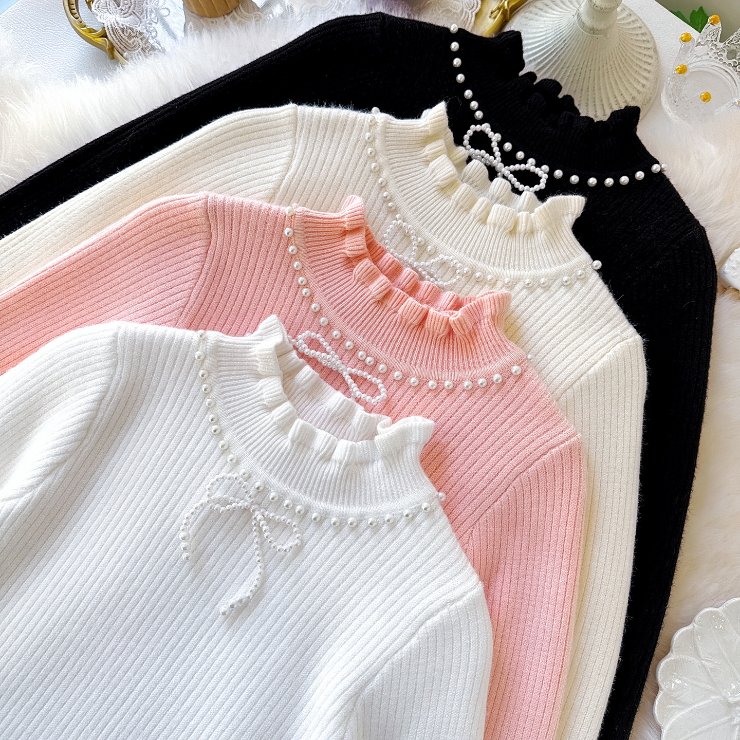 花边领毛衣女童纯色打底衫长袖加绒甜美套头保暖针织衫一体绒加厚