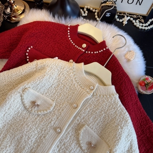 女童新年毛衣开衫洋气女宝宝针织上衣小香风女童酒红色针织外套