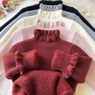 女童毛衣一体绒2025冬女宝花边领加厚打底衫小女孩加绒内搭针织衫