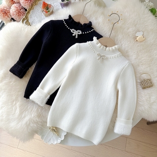 中大童手工蝴蝶结毛衣长袖一体绒女童修身型保暖加厚套头打底衫潮
