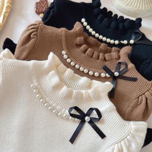 女童高弹毛衣甜美风小女孩珍珠蝴蝶结修身针织衫中大童日常打底衫
