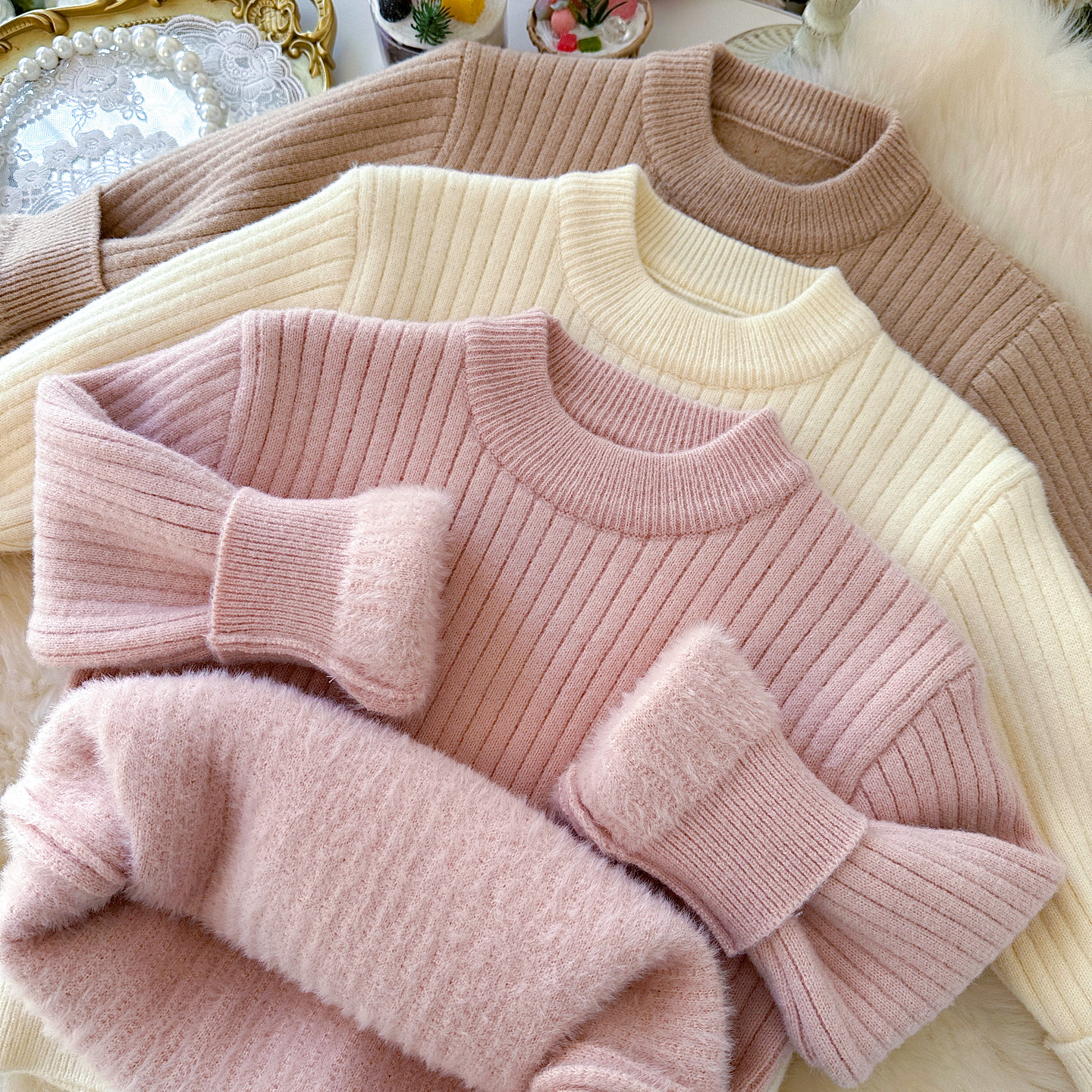 雀麦儿童一体绒毛衣圆领加厚男童女童加绒针织衫百搭女童保暖上衣