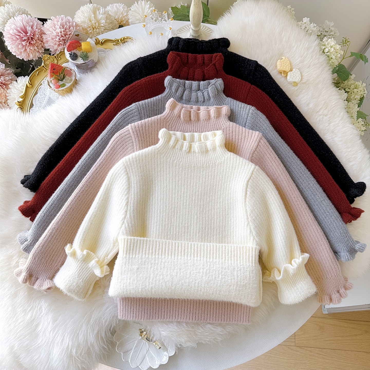 女童毛衣一体绒2025冬季女宝宝加厚木耳领打底女童加绒内搭针织衫