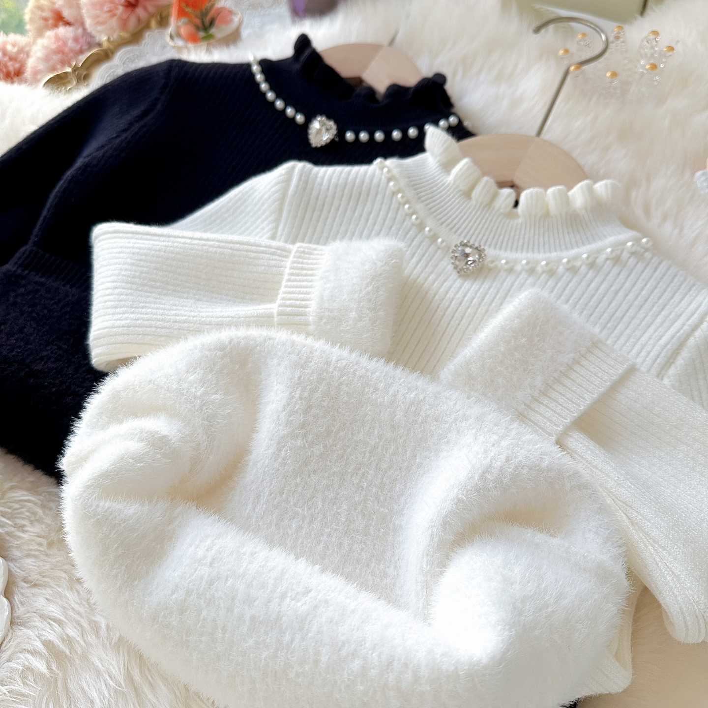 一体绒女宝宝加厚套头毛衣小香风长袖花边领女童修身型镶钻保暖