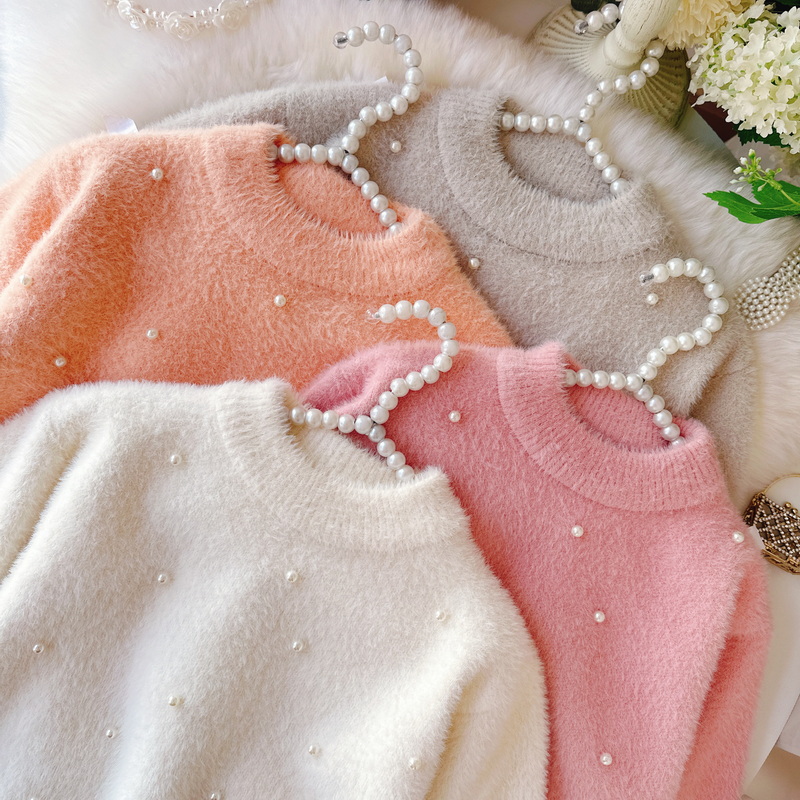 秋冬女童水貂绒毛衣不起球珍珠