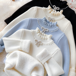 女宝宝一体绒加绒打底衫长袖花边领女童蝴蝶结修身保暖加厚针织衫