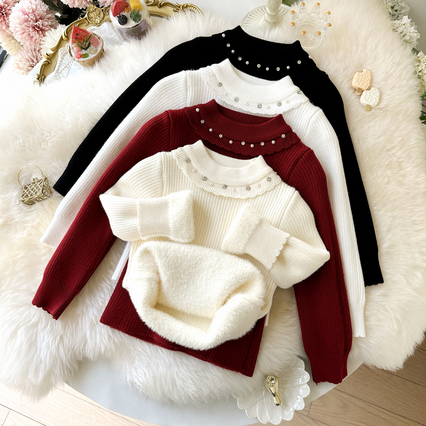 秋冬女童一体绒毛衣钉珠娃娃领加绒加厚儿童针织衫小女孩保暖上衣