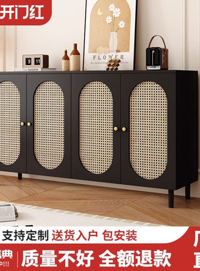 藤编复古黑色鞋柜门口家用入户简约现代玄关一体靠墙多层收纳鞋架