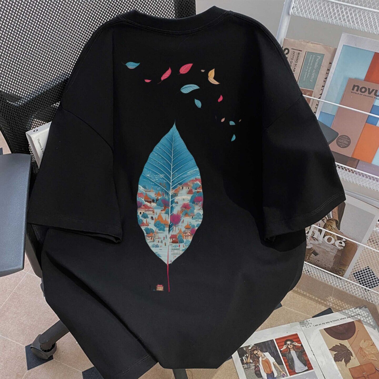 新中式树叶小镇风景印花短袖T恤宽松oversize情侣半袖上衣国潮