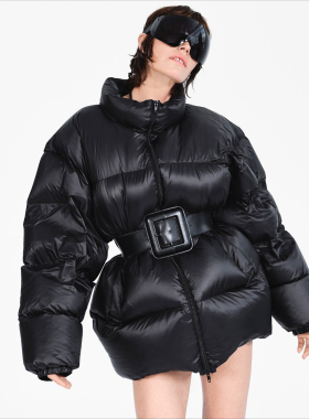 黑色束带沙漏羽绒服女中长款立领面包服腰带外套