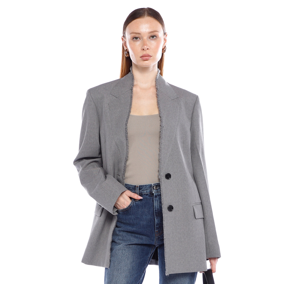NUEE LAB设计师款小众设计感灰色毛边西装外套女宽松休闲西服秋款