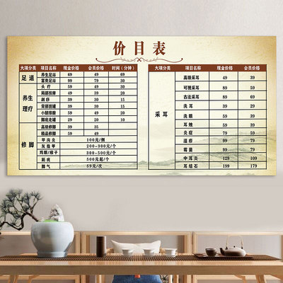 中医养生馆价目表定制海报挂画采耳足疗浴推拿按摩足道理疗价格表