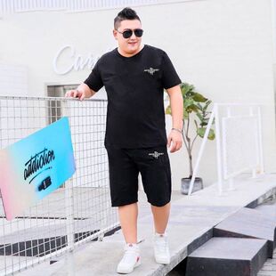 男士休闲套装加肥加大胖子宽松短袖两件套胖人肥佬大码运动服夏季