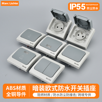 IP55级防水暗装欧式插座16A德式法式深插2孔一开二开门铃开关带灯
