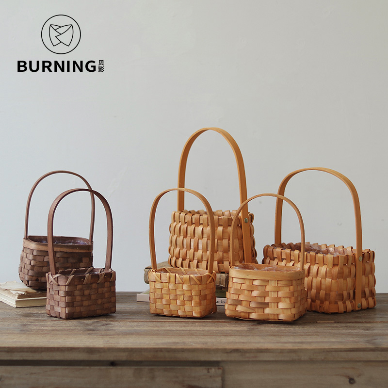 贝影 木条木片高提手小花篮鲜花礼品篮子长方形椭圆手提篮