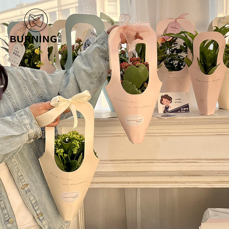 贝影 牛皮纸手提花袋花束包装简易鲜花包装圆形提袋花店用品