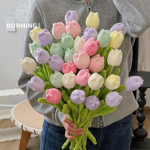 贝影 26新款ins风毛绒珍珠郁金香单支花春天创意布艺花diy装饰品