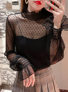 喇叭袖网纱打底衫女2025早秋新款配吊带裙内搭纱衣蕾丝上衣设计感