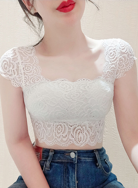 蕾丝短袖t恤女夏季新款纯欲风辣妹修身显瘦短款露脐上衣