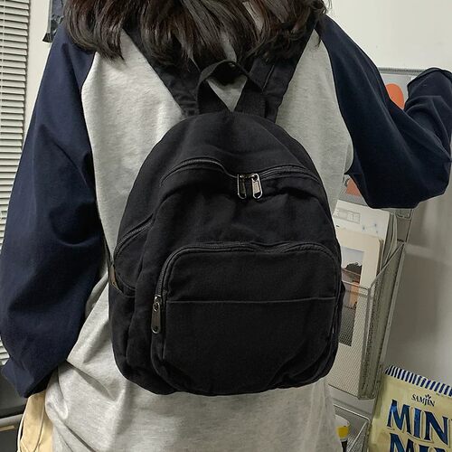 日系帆布小书包女原宿纯色休闲双肩包韩版大学生潮流百搭旅游背包