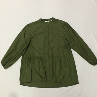 百分百纯棉布 深绿色亨利领中袖宽松休闲娃娃款衬衫衬衣 甜美气质