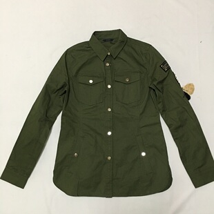 外贸原单 百分百纯棉军绿色长袖衬衫衬衣 重工钻饰袖标甜酷 小码