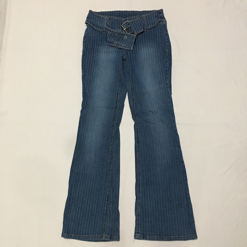 外贸原单 复古竖条纹蓝色牛仔腰带一体喇叭休闲长裤 辣妹Y2K气质