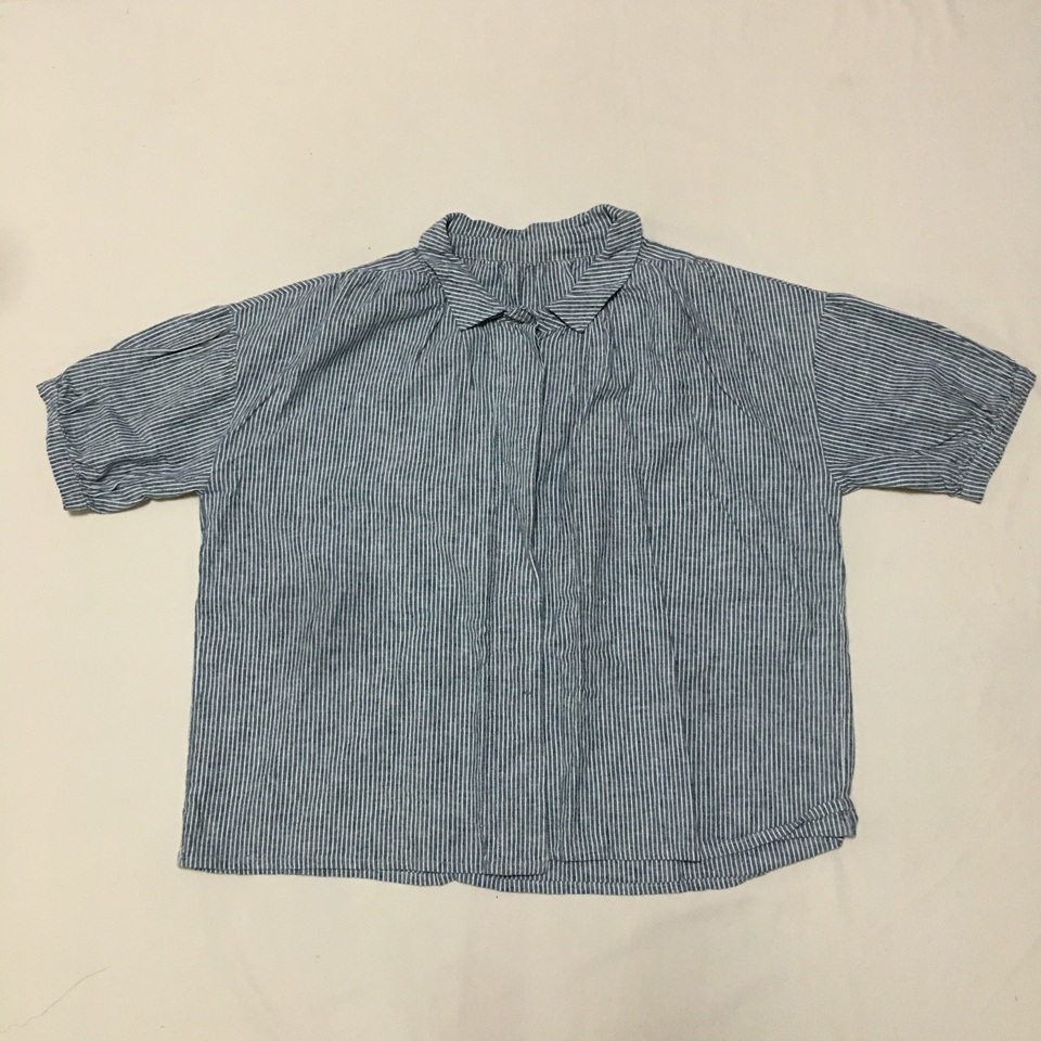 外贸原单日单 65亚麻35棉 蓝白经典竖条纹小翻领按扣宽松大码衬衫